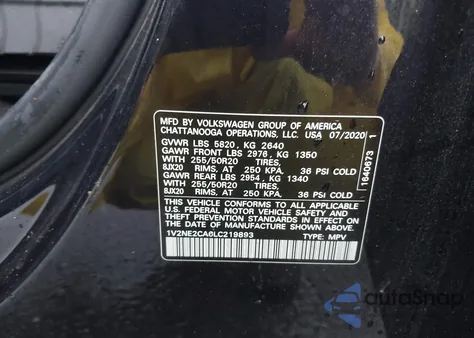 2020 Volkswagen Atlas Cross Sport 3.6L V6 Sel Premium z USA, uszkodzony, nr VIN 1V2NE2CA6LC219893